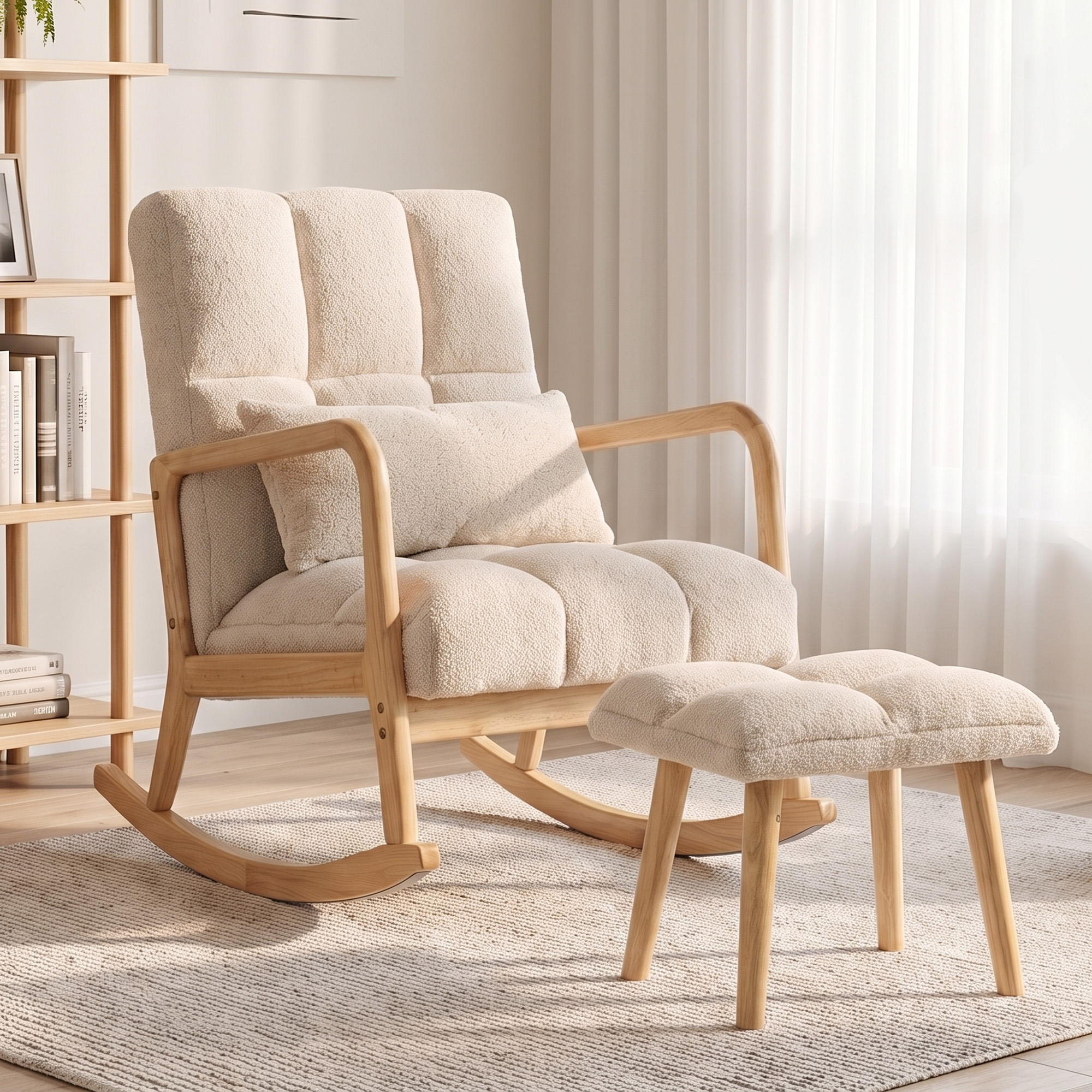 Homcom Poltrona a dondolo con poggiapiedi in tessuto bouclette, 64,5x82x89 cm, beige   Aosom Italy