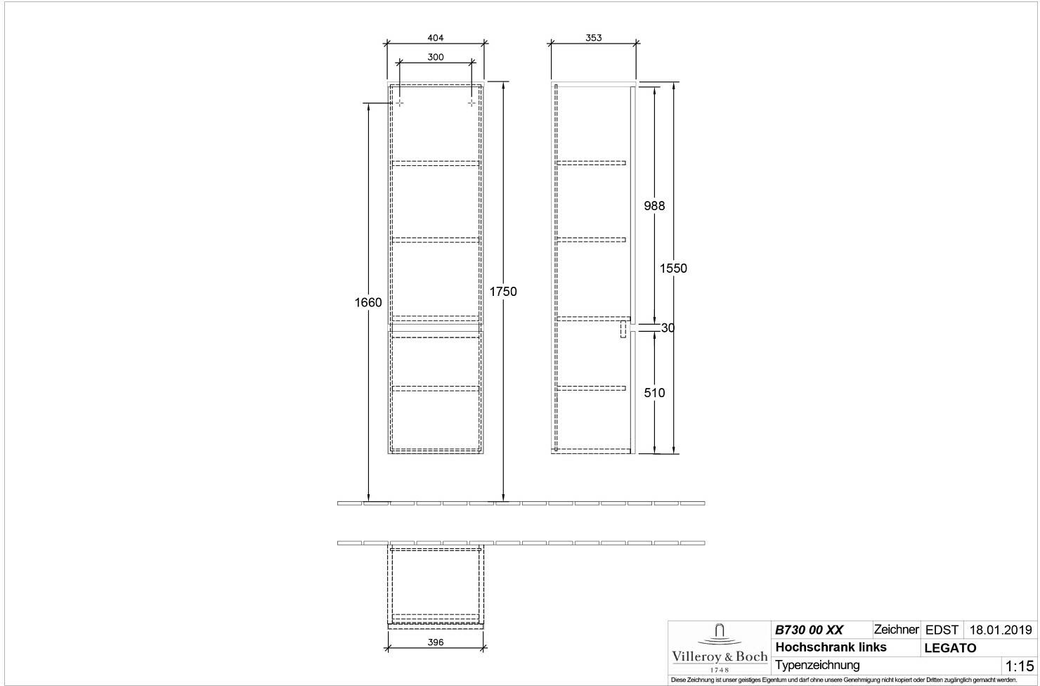 Villeroy & Boch Legato Hochschrank, Türanschlag links, Badmöbel, B73000VG,