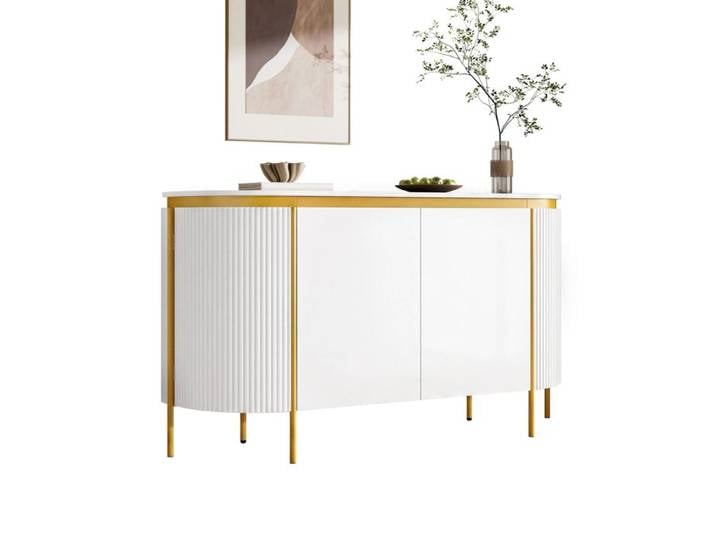 Buffet blanc 4 portes angles arrondis meuble de rangement étagère ajustable passe-câble intégré sideboard élégant pour salon séjour