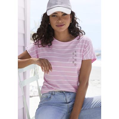 Kurzarmshirt ELBSAND "Selma", Damen, Gr. L, rosa (rosé, weiß gestreift), Jersey, Obermaterial: 50% Baumwolle, 50% Polyester, gestreift, figurumspielend hüftlang, Rundhals, angeschnitten, Shirts