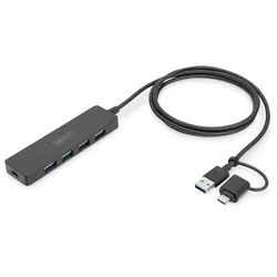 DIGITUS USB 3.0 Hub 4-Port, Slimline mit USB-C Adapter, 5Gbps, 1,2m Kabel