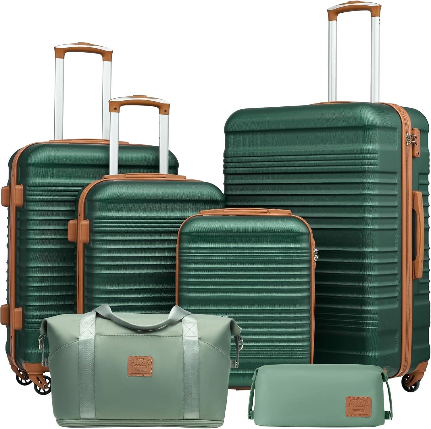 Koffer-Set, Trolley, Koffer, ABS, Hartschalenkoffer, Reisekoffer, 4 Rollen, TSA-Schloss, ausziehbarer Trolley, Der Koffer enthält eine Reisetasche und eine Toilettasche, dunkelgrün