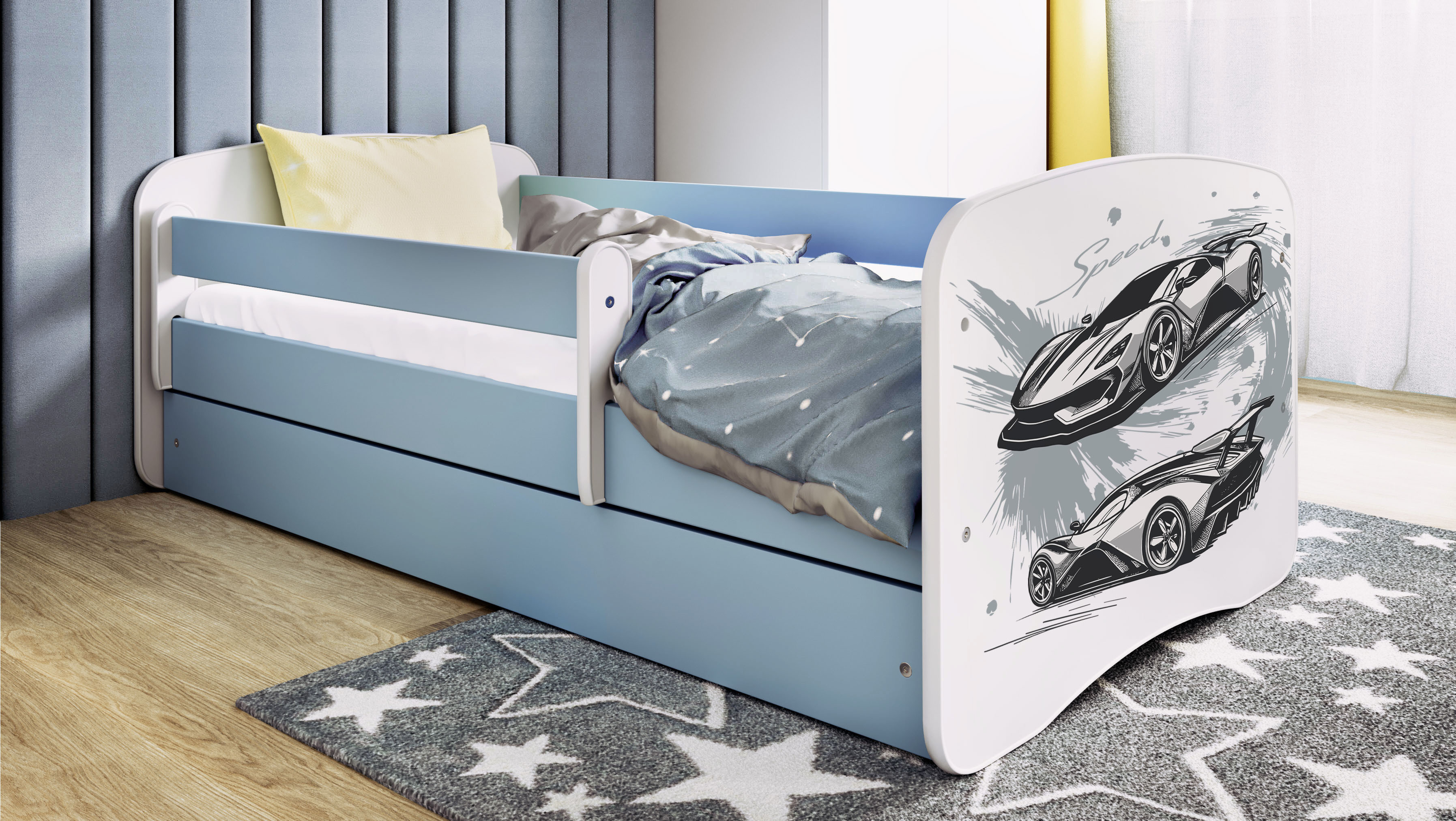 Kinderbett Jugendbett Sportwagen 70x140, 80x160, 80x180 cm - Komplettset mit Schublade & Rausfallschutz