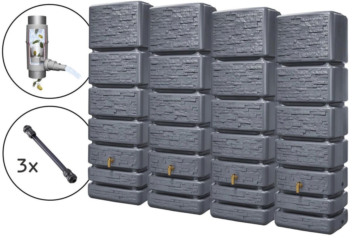 4rain Regentonne-Set Slim Stone Decor inkl. Zubehör Wandtank 1400 L graphitgrau 4 Stück