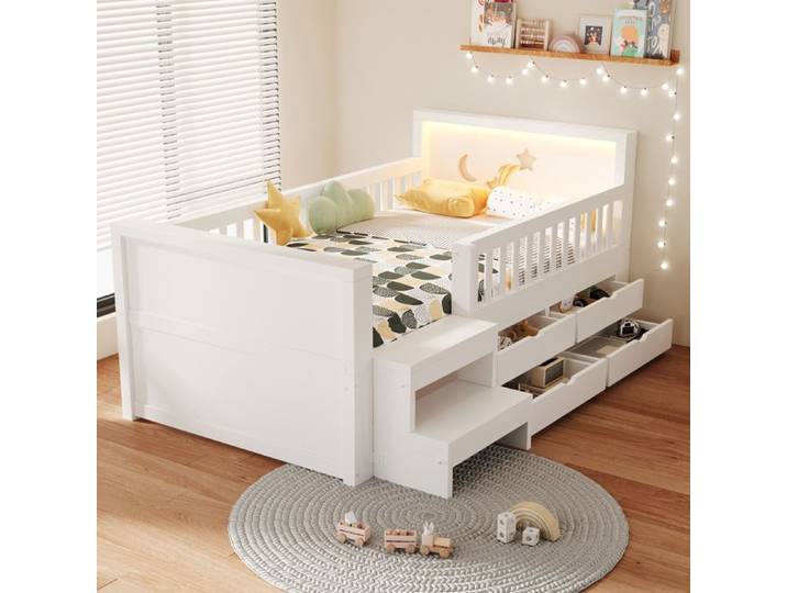 Lit enfant 204x114x79.8 cm Blanc Bois avec rangements LED et motifs étoiles