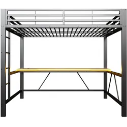 MODFU Hochbett mit Schreibtisch, Metall/MDF, Schwarz, 140x200 cm, gewerblich geeignet, LED-Beleuchtung und Schutzgitter