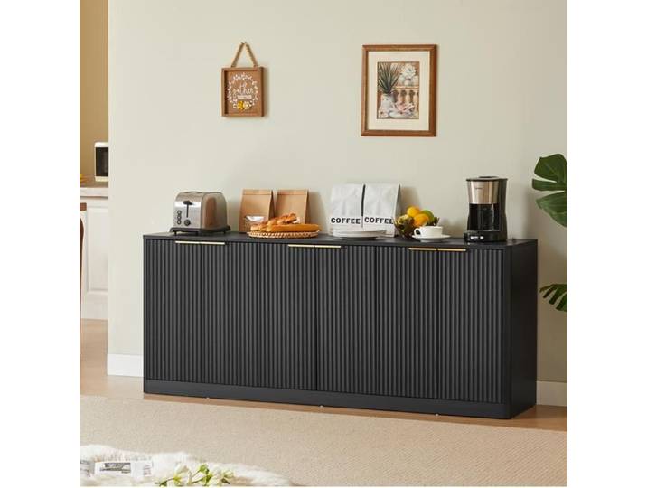 Buffet 170x40x70 5cm - Design Moderne Ondulé avec 6 Portes et Plateau Aspect Bois Chêne - Noir & Naturel