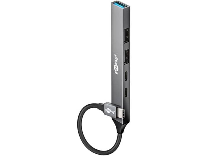 goobay 5-poorts USB 3.2 Hub Slim/USB meervoudige stekker, USB-verdeler, USB Hub/Slanke USB-C naar 3X USB-A en 2X USB-C Multiport Adapter USB 3.0 Hub / 5 Gbits USB Splitter / 74460