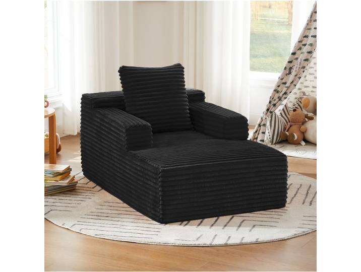 Méridienne 1 place en velours côtelé noir fauteuil relaxation convertible d'appoint sans montage