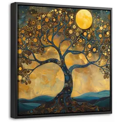 LEINWAND Bilder mit Rahmen - Baum - Mond - Blumen - Gold - Kunst - 20x20
