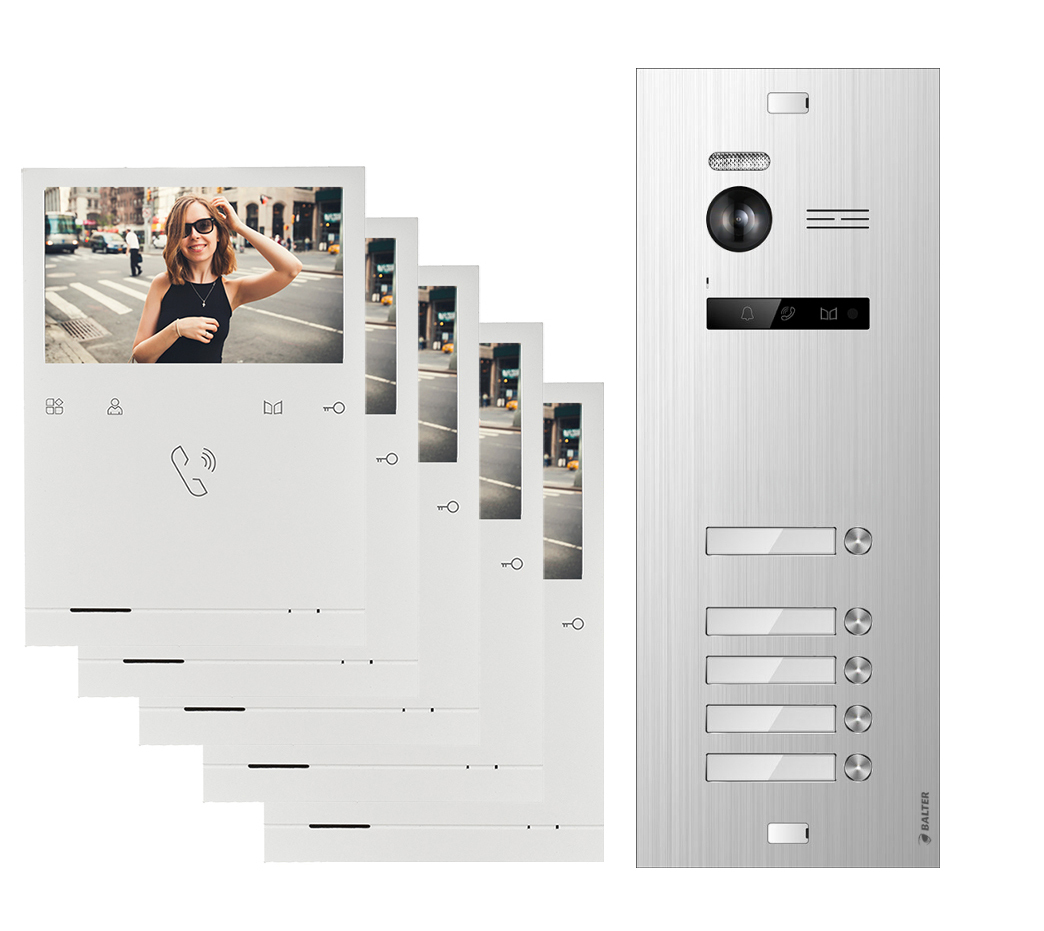 BALTER EVO QUICK Video Türsprechanlage Silber Set für 5-Familienhaus 5x 4,3" Monitor