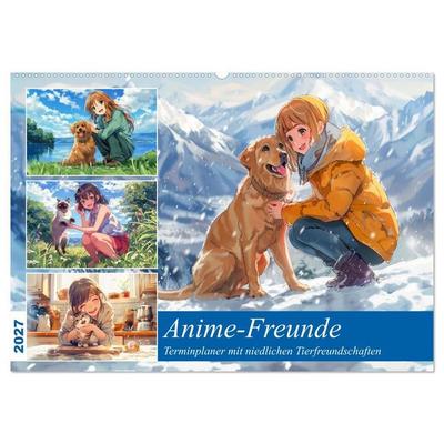 Anime-Freunde - Terminplaner mit niedlichen Tierfreundschaften (Wandkalender 2027 DIN A2 quer), CALVENDO Monatskalender