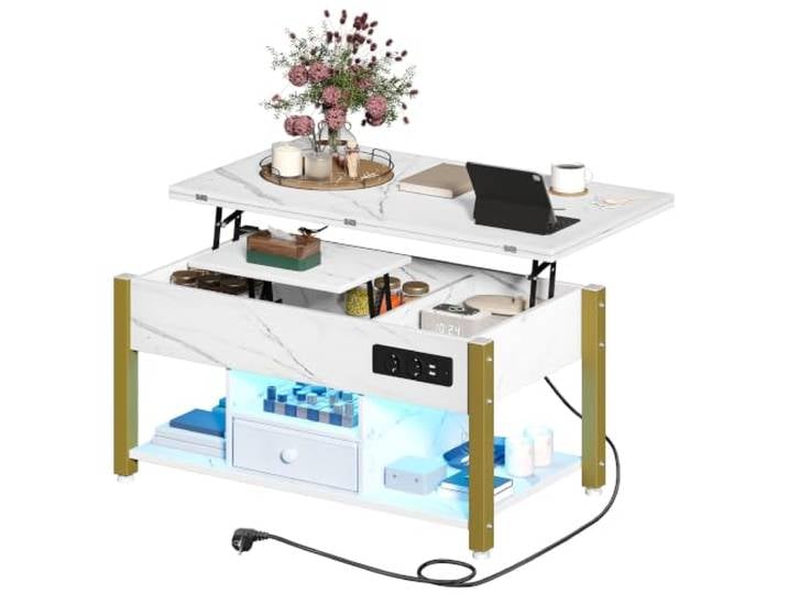 DWVO 4-in-1 Hochklappbarer Couchtisch mit LED, Steckdose, Weißer Marmor