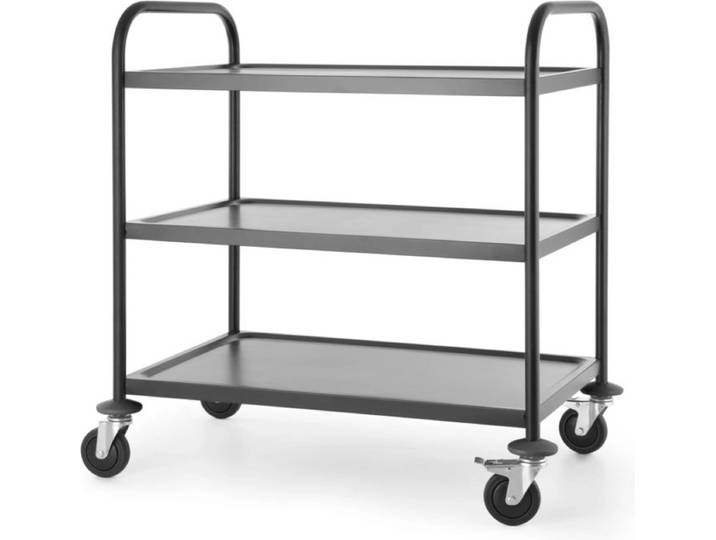 HENDI Stijlvolle serveerwagen – mat zwart – geluiddempend – 3 bladen – 905x585x945 mm