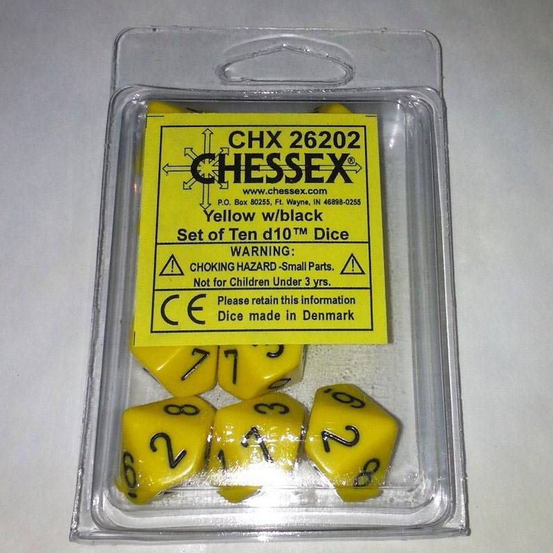 CHESSEX - Set de 10 Dés D10 Opaque jaune - noir