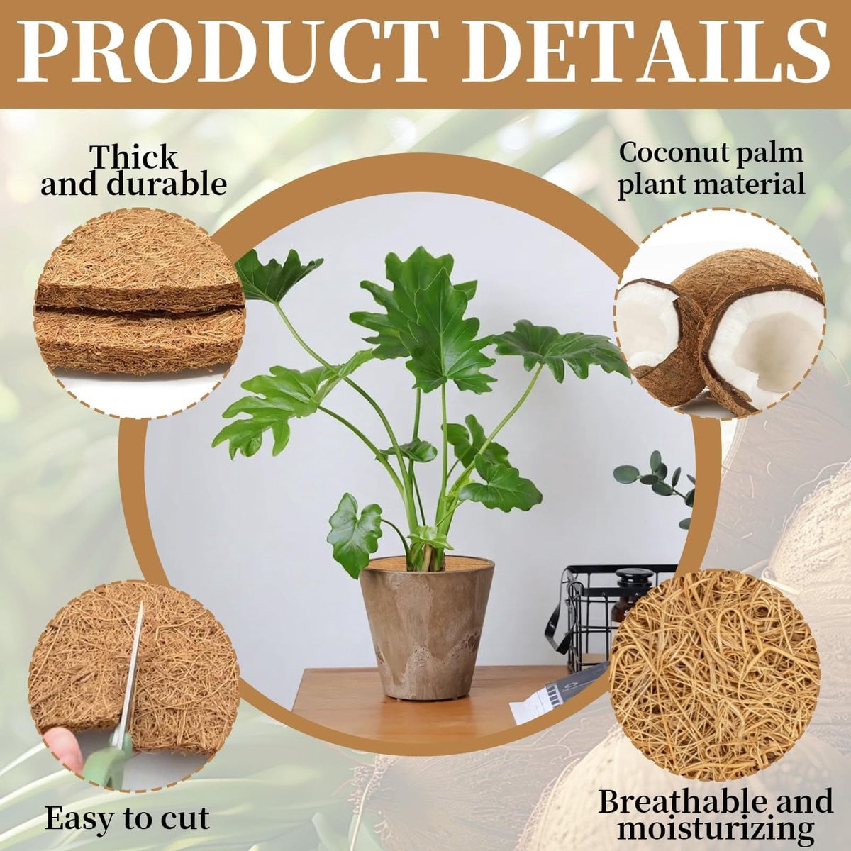 Set van 4 bruine ronde kokosmatten voor plantenbescherming, 20 cm