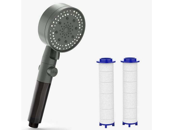 Handbrause mit Filter & Pause-Funktion, 5 Strahlarten, Sprühpistole, Grau, 3 Filter