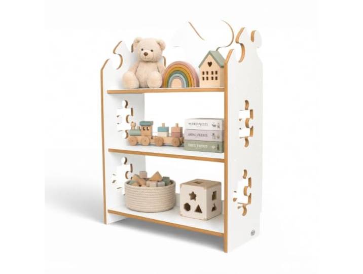 Kids Helper Montessori Puzzle-Regal – Kinderregal mit 3 Fächern in Puzzle-Form, Bücherregal und Spielzeugregal fürs Kinderzimmer, 70 x 30 x 100 cm, Weiß, TS-510