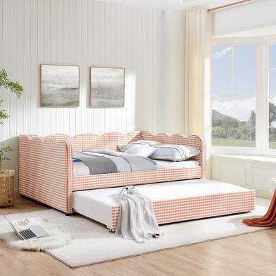 Cozy Gingham Daybed with Twin Size Trundle No Box Spring Needed, with USB Port and Adorable Wave Shaped