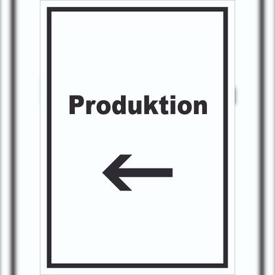 HB-Druck Produktion Schild mit Text und Richtungspfeil links Herstellung hochkant A3 (297x420mm)