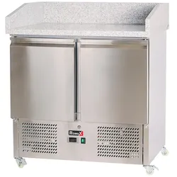 Romux® Pizzatisch 2 Türen 90x70 cm mit Arbeitsfläche aus Granit mit statische Kühlung | Pizzakühltisch aus Edelstahl