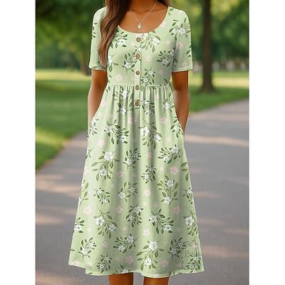 Damen Midikleid Freizeitkleid Sommerkleid Urlaub Lässig Strand Ferien Normale Passform Blumen Grafik Kurzarm Rundhalsausschnitt Blau Rosa Purpur Grün Sommer Frühling