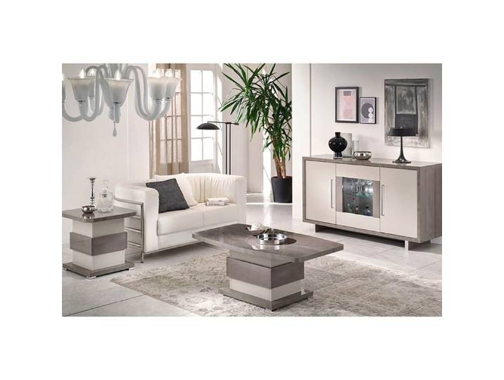 AUXANE - Ensemble Table Basse + Table d'Appoint + Buffet 3P Led Gris Metallisé et Mat