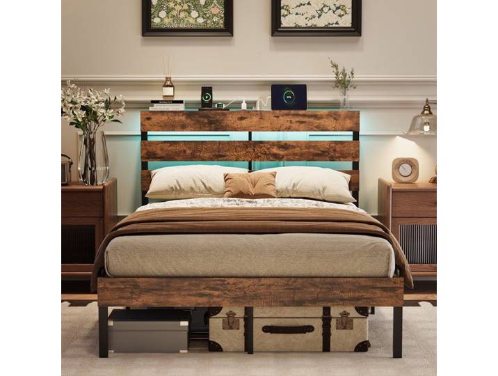 Structure de Lit Double 140 x 190 cm VINGLI Tête de Lit avec Rangement LED Multiprise Style Industriel Marron Vintage