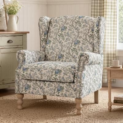 Velocisca Traditional Wingback Accent Chair, Floral Print Upholstered Armchair with Nailhead Trim and Rolled Arms