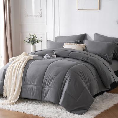 On Spot Shop 7 Piece Bed In A Bag Comforter Set, Stylish Solid Geometry Comforter And Sheet,Pillowcase Set, Ideal Gift dark Gray full