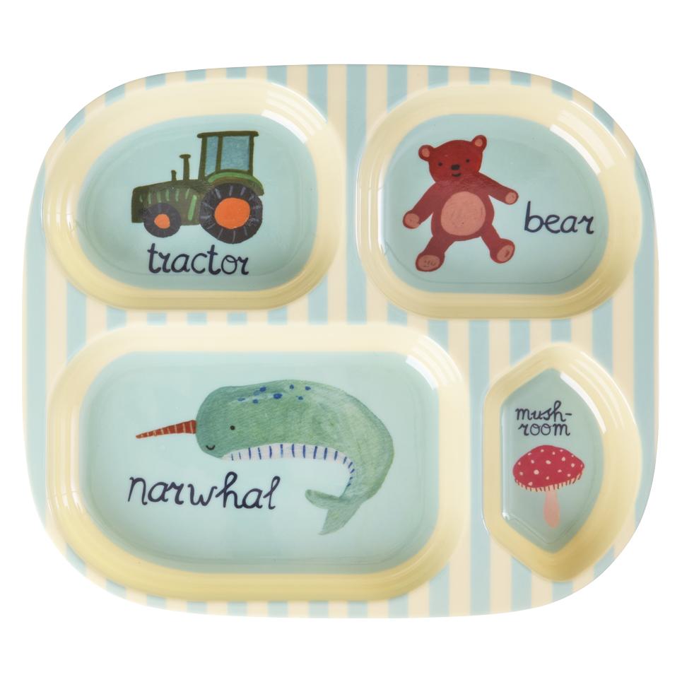 Rice - Melamine Kids 4 Room Plate - Blue ABC Print - Blue (KIPL4-ABC)