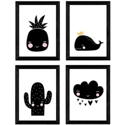 POSTER Set mit 4 von Cactus, Wal, Ananas und Wolke A3 Rahmenlos