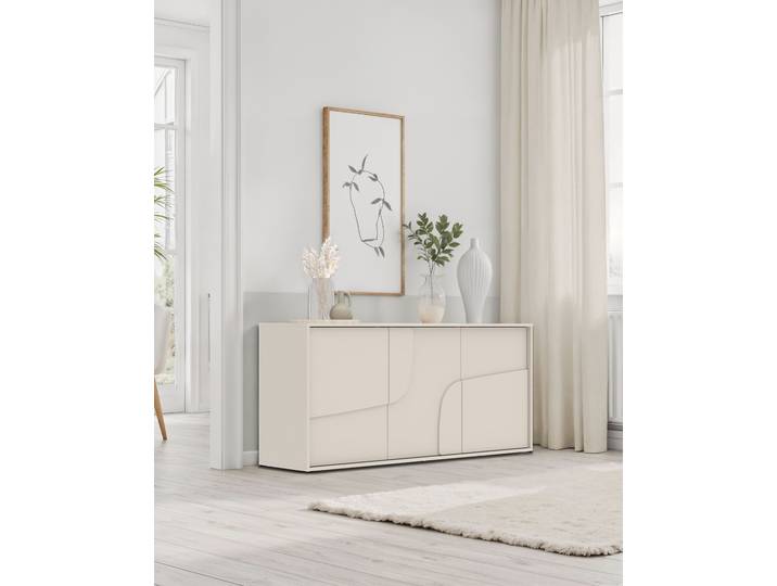 Sideboard GOODPRODUCT Stone, 155 cm breit, 3 Türen, Anrichte, Kommode, Stauraumschrank , beige (cashmere, fronten in 3d, design), B:155cm H:84cm T:40cm, Sideboards, Sideboard, 3D-Design, Push-to-open, Innenraum grosszügig, Füsse 14/2 cm wählbar