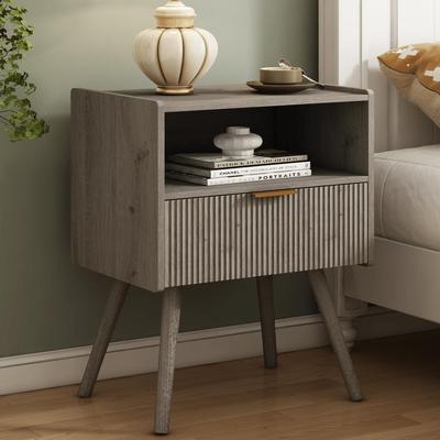 No Modern Bedside Table with Storage Drawer and Open Wood Shelf