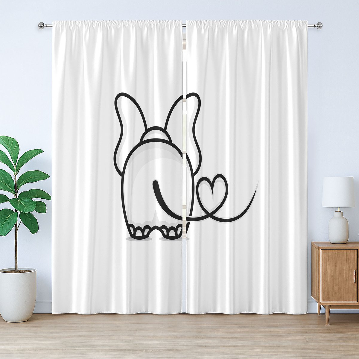 ABAKUHAUS Babyolifant Rustiek Gordijn met Liefdesthema Doodle Stijl, Wit Zwart, B: 280 cm, H: 245 cm