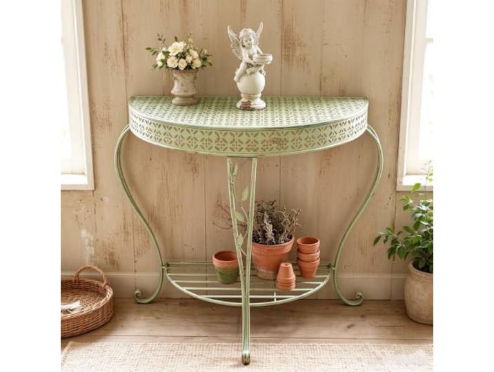 MMleYN Viktorianischer Konsole Tisch Eisen Flur Rostfrei Garten Veranda Tisch Verschnörkelt 2 Etagen Halbrund Flurmöbel Für Kleine Räume(Green)