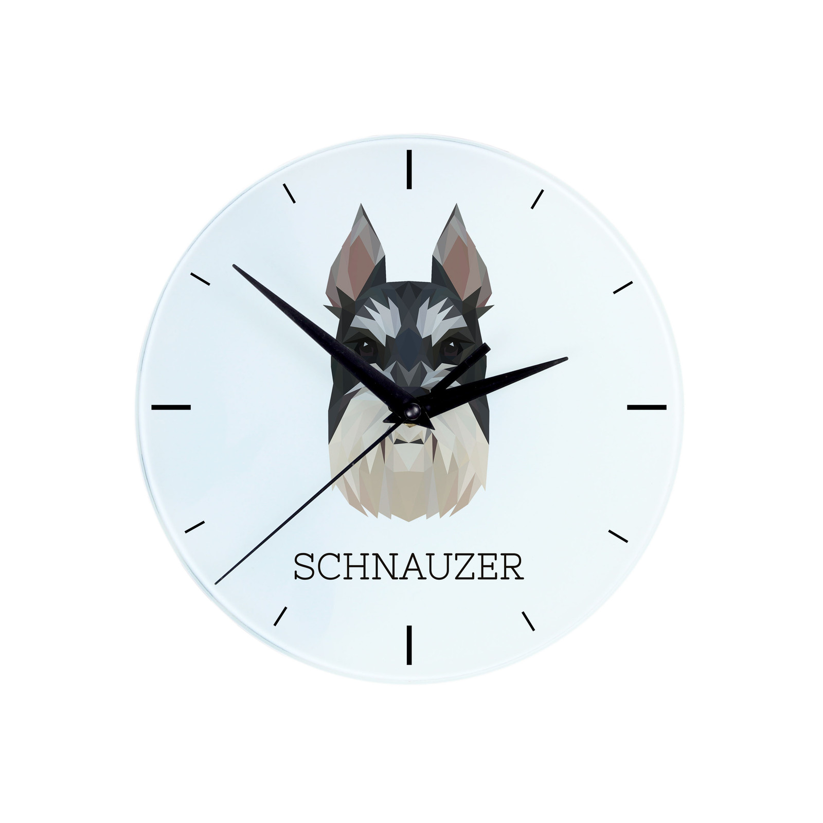 Art-Dog Schnauzer I geometrische wandklok met afbeelding en tekst