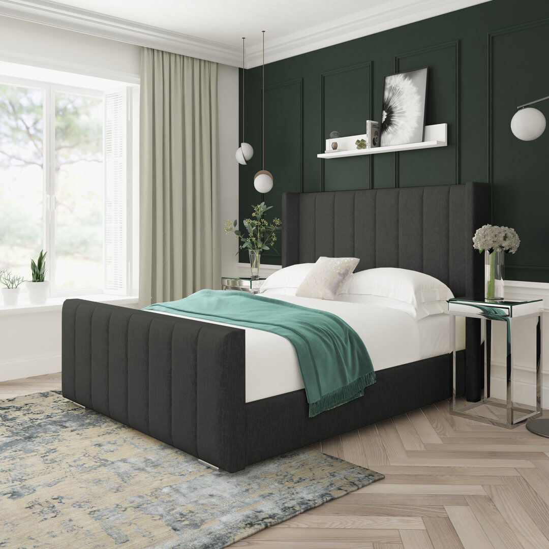 Lark Manor Willow Chenille Upholstered Bed Frame Charcoal Double (4'6)