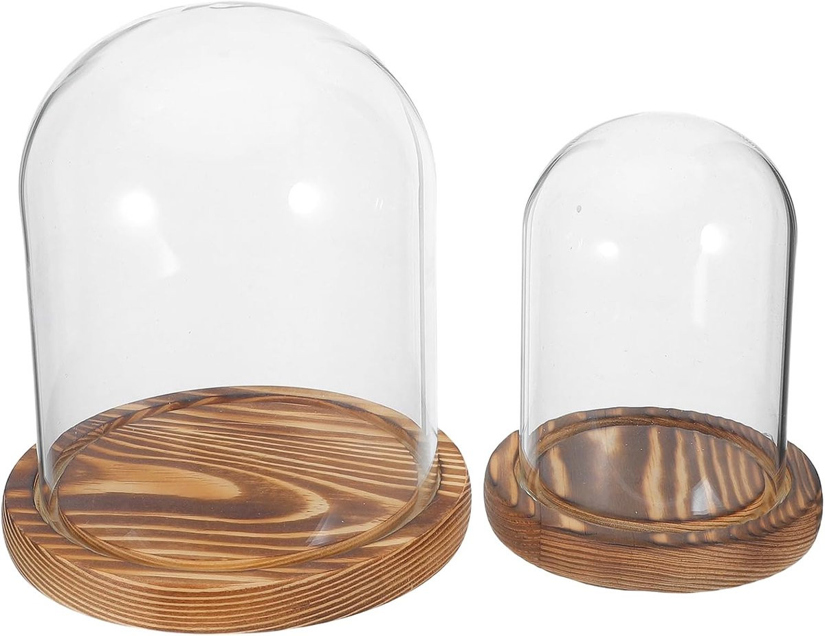 Glazen Cloche Set met Houten Basis - Transparante Vitrine Stolpen voor Decoratie - 2 Maten