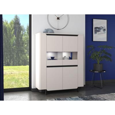 Vitrine FORTE "Vodol", beige (sand, schwarz), B:130,3cm H:161,1cm T:44,8cm, Holzwerkstoff, Schränke, Vitrine, Highboard, Glatüren, abgerundete Kanten
