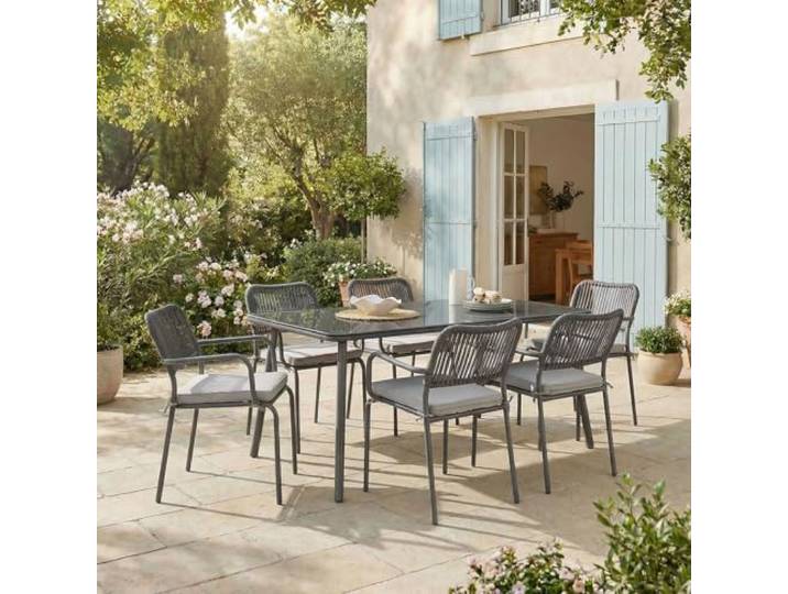 IDIMEX Gartenmöbel Set VOLONTE 1 Tisch 6 Stühle, Grau – Wetterfeste Sitzgruppe mit Glasplatte & Rope-Bespannung für Garten Terrasse Balkon