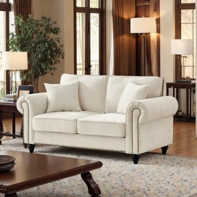 Chenille Modern Sofa with Rolled Arms, Wood Legs, and Nailhead Trim