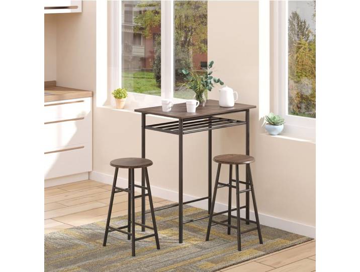 Ensemble Bar 3 Pieces MDF Noir Table Haute Industrielle FloraGrace Pour Cuisine Tabourets Ranges Sous Table 80x50x90cm