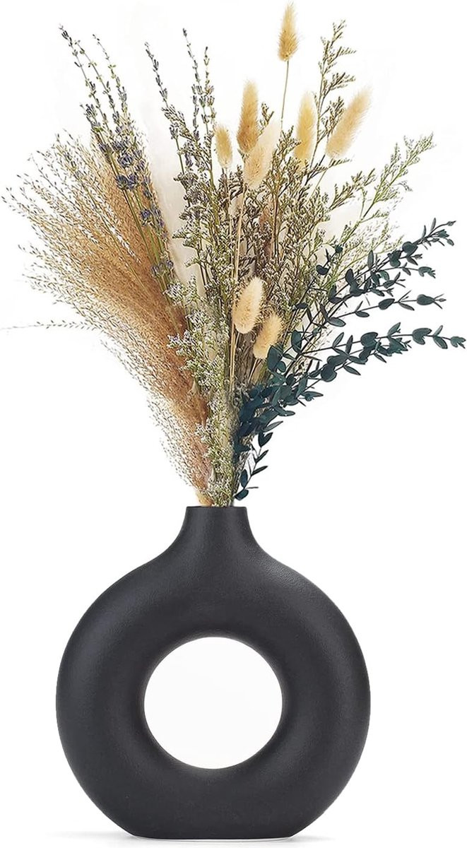 Cemabt Keramische Donutvaas voor pampasgras en gedroogde bloemen, ronde vorm, mat zwart
