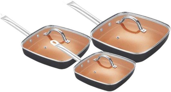 Kochpfanne Set - Kupferpfannen - Tägliches Kochen - Einzigartiges quadratisches Design - 6 Stück - Kupferfarbe
