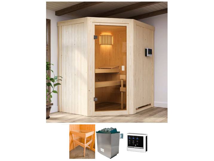 Sauna KARIBU Faurin , beige (natur), Saunaofen, externe Steuerung, 9 kW, Saunen, Sauna, Ofen 9 KW externe Strg easy