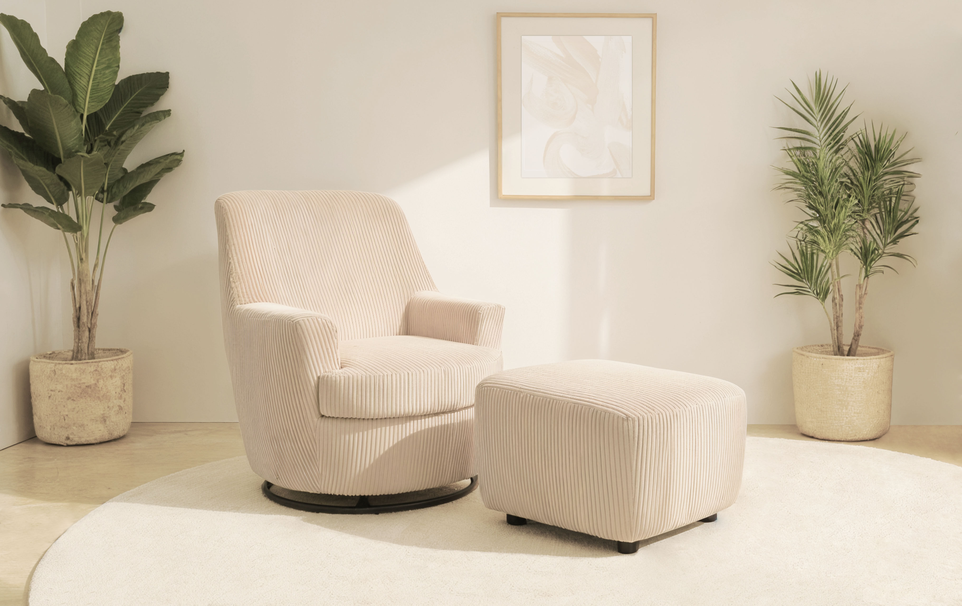 Drehsessel HOME AFFAIRE "HETTY, Drehsessel mit Wippfunktion und Hocker; Lesesessel, Armsessel", beige (creme), B:78cm H:93cm T:88cm, 100% Polyester, Sessel, Drehsessel, mit Dreh/Wippfunktion, mit Federkern, in Cord und Microfaser