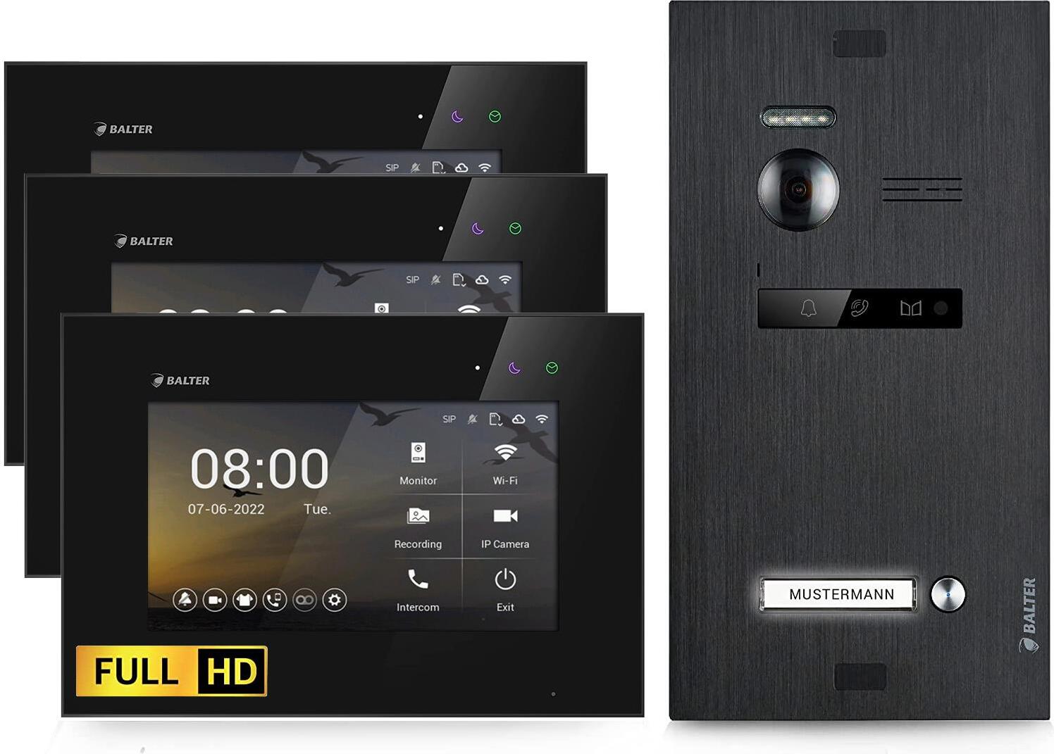 HD Video Türsprechanlage für 1 Familienhaus, 3x Monitore, Balter EVO HD Schwarz