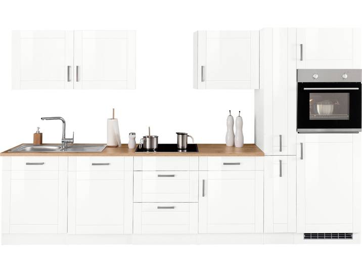 Küchenzeile KOCHSTATION KS-Tinnum , weiss (küche: weiß, korpus: weiß, arbeitsplatte: wotaneichefarben), B:330cm T:60cm, Komplettküchen-Sets, Küchenzeile, ohne E-Geräte, Breite 330 cm