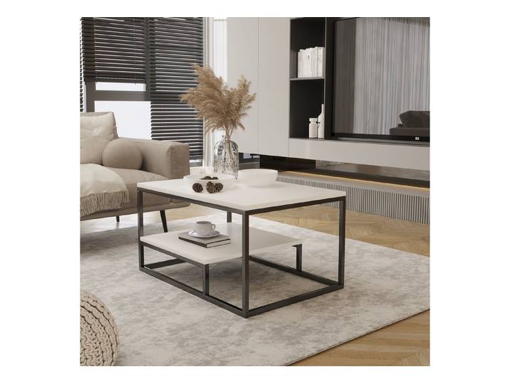 Design Möbel Couchtisch Moderner Couchtisch mit Ablage Stahlgestell, 90x60x48 cm